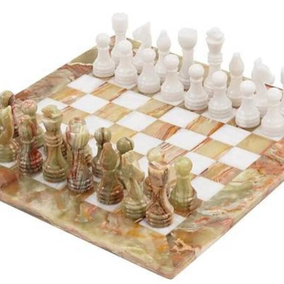 Handmade Staunton Gold & White Marble 15" Chess Board Game Set - Picture 1 of 9